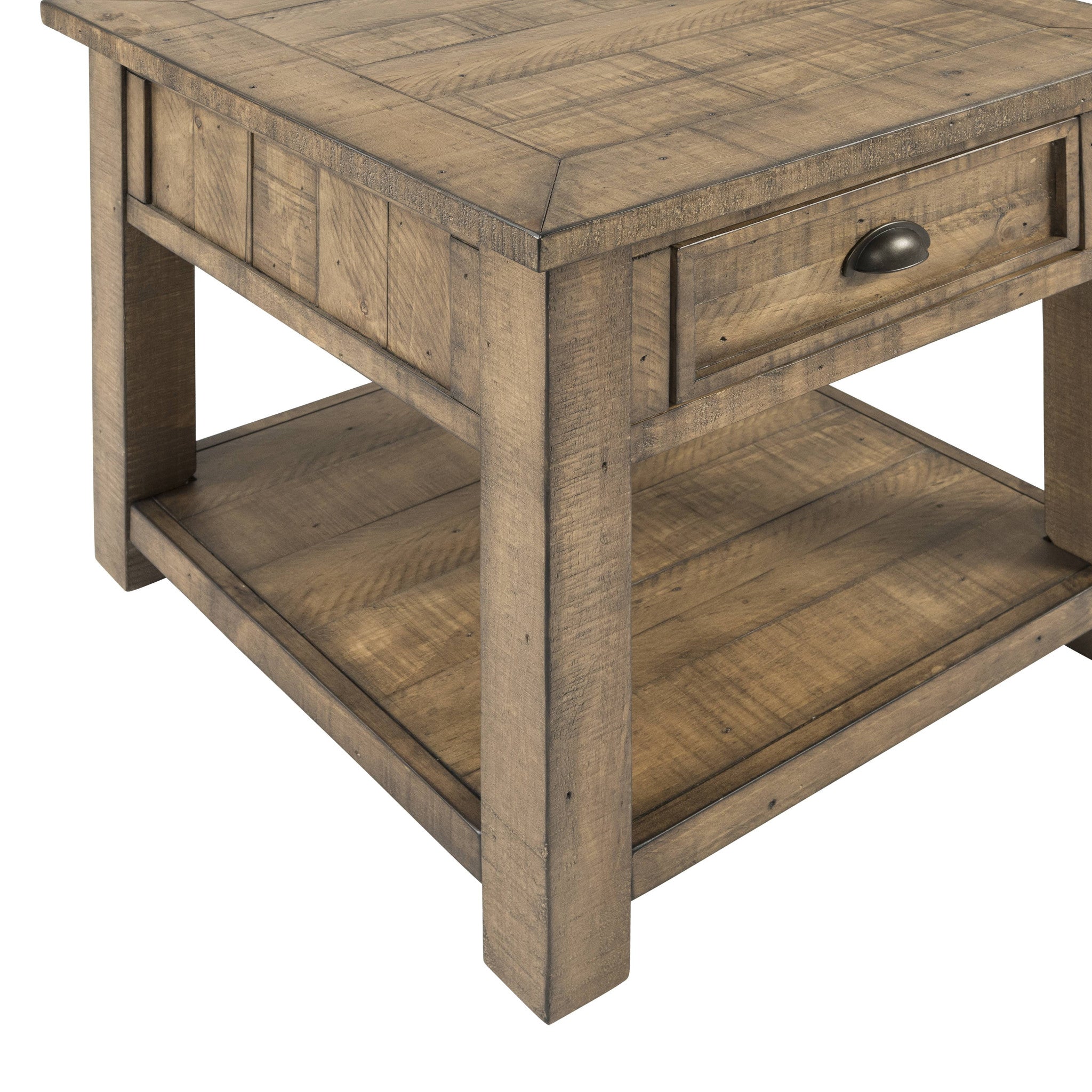 24" Reclaimed Natural Solid Wood Square End Table With Drawer And Shelf