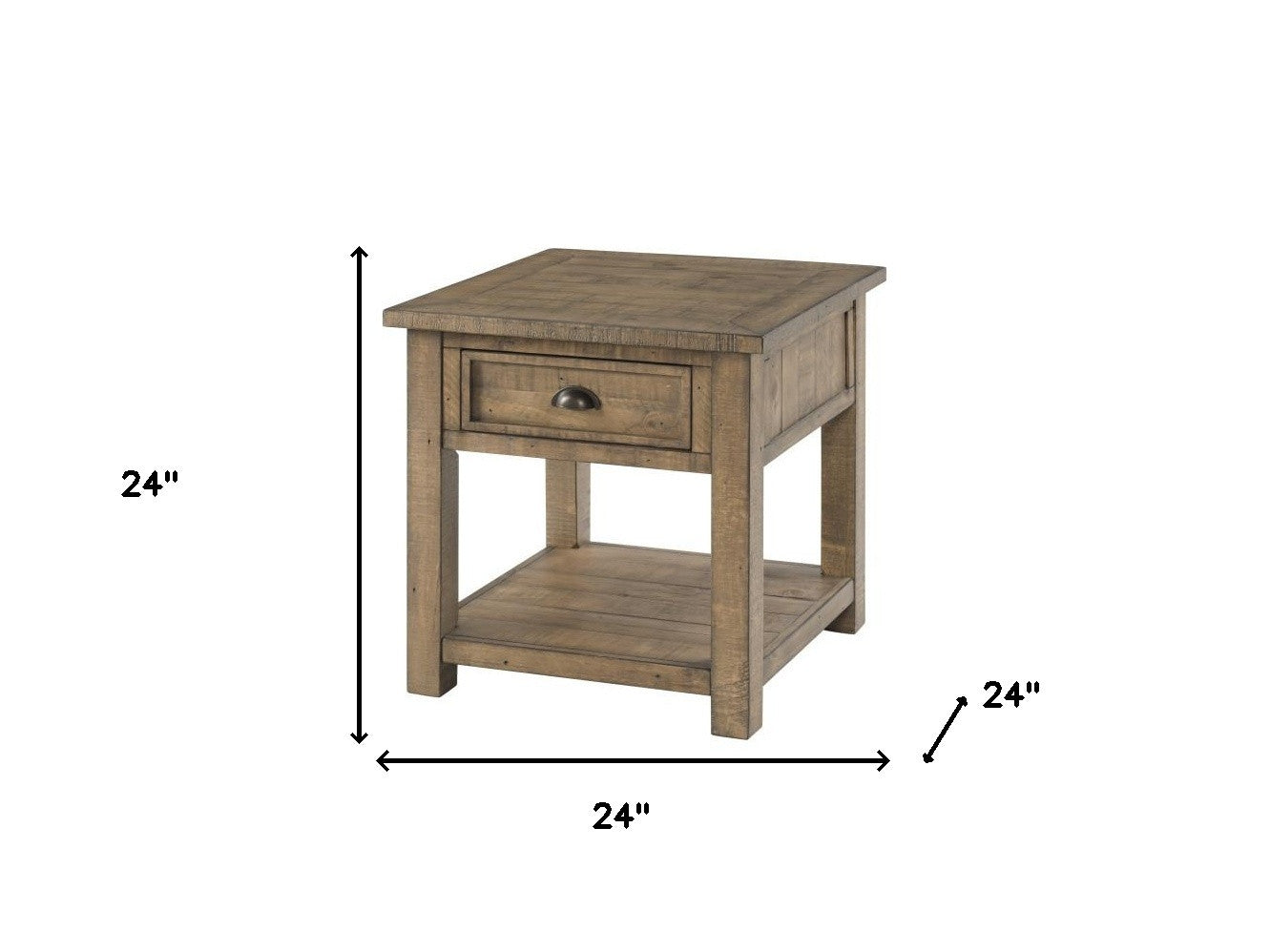 24" Reclaimed Natural Solid Wood Square End Table With Drawer And Shelf