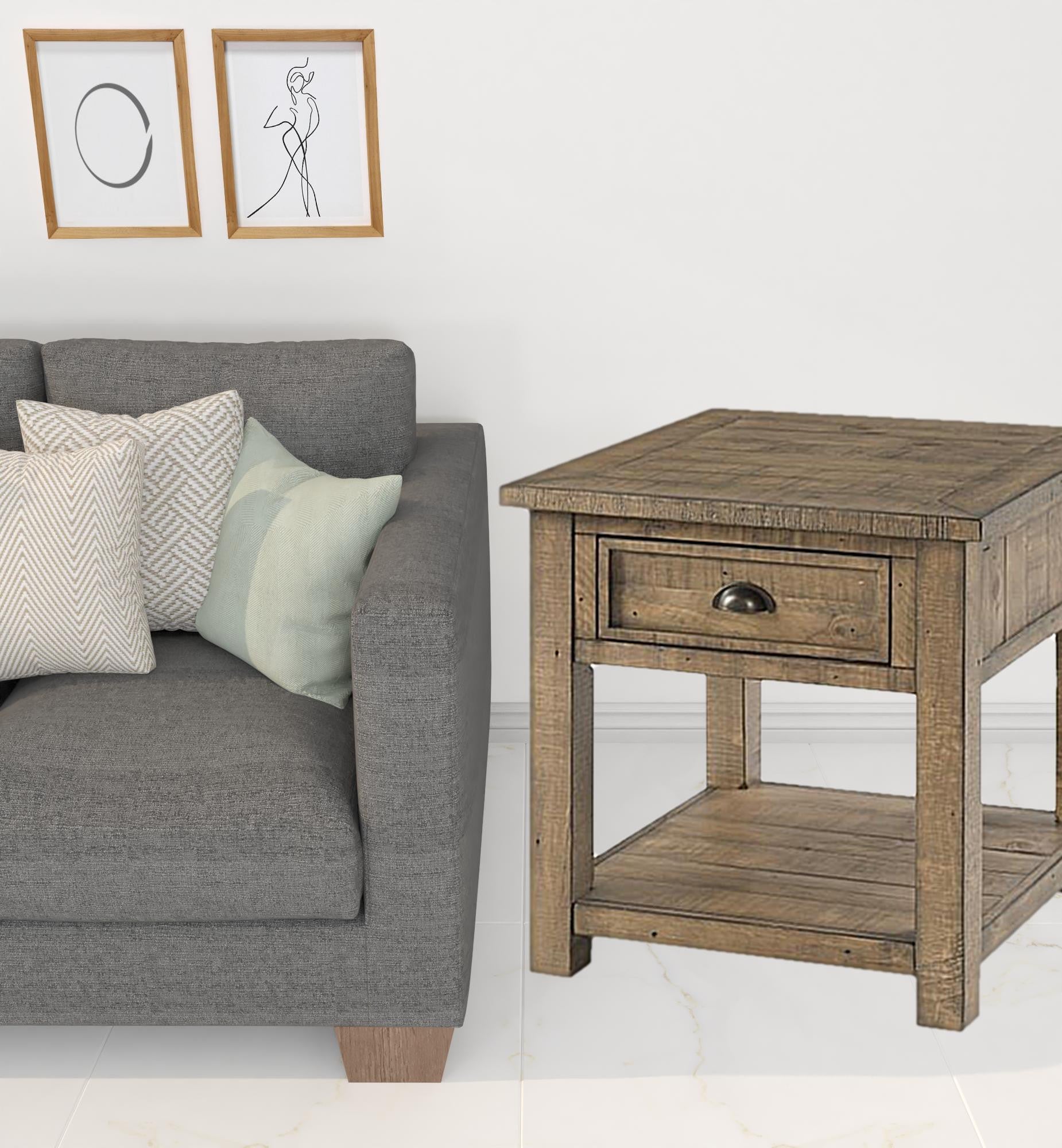 24" Reclaimed Natural Solid Wood Square End Table With Drawer And Shelf