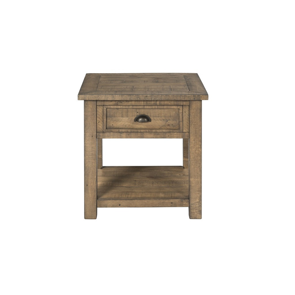 24" Reclaimed Natural Solid Wood Square End Table With Drawer And Shelf