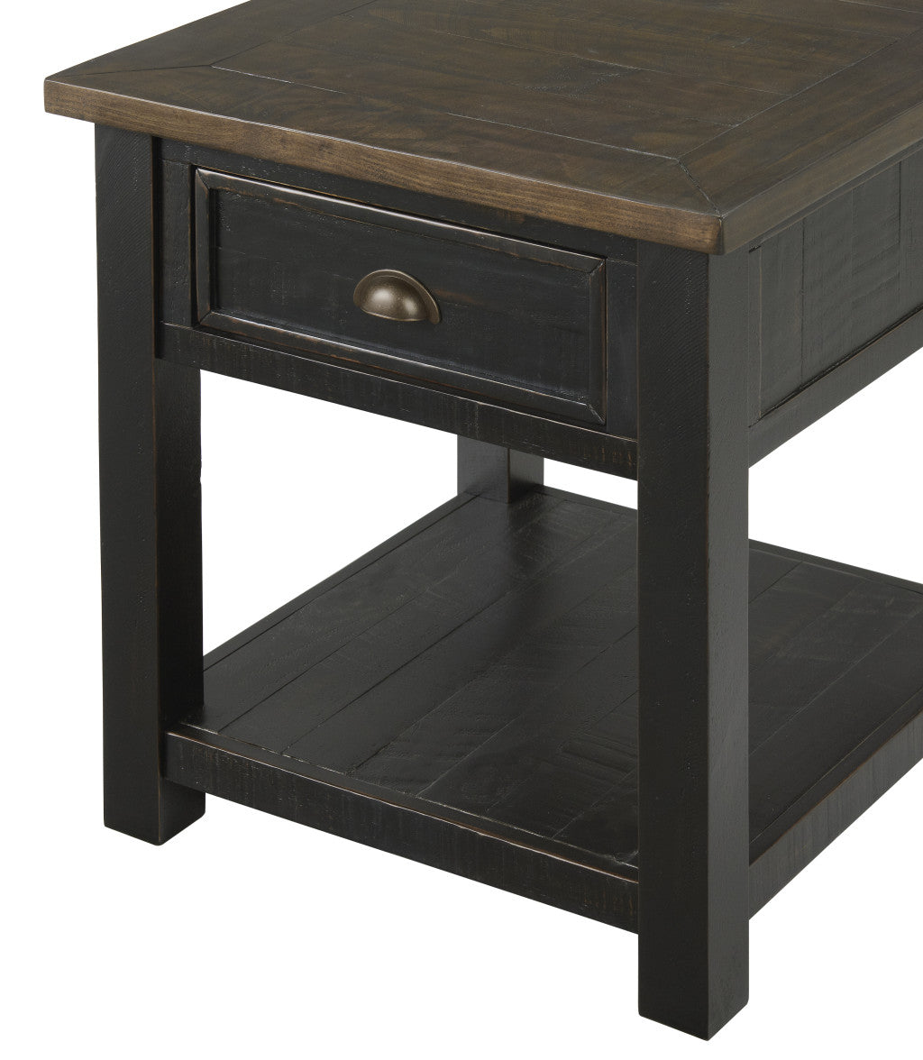 Black And Brown Solid Wood End Table With Drawer And Shelf 24"