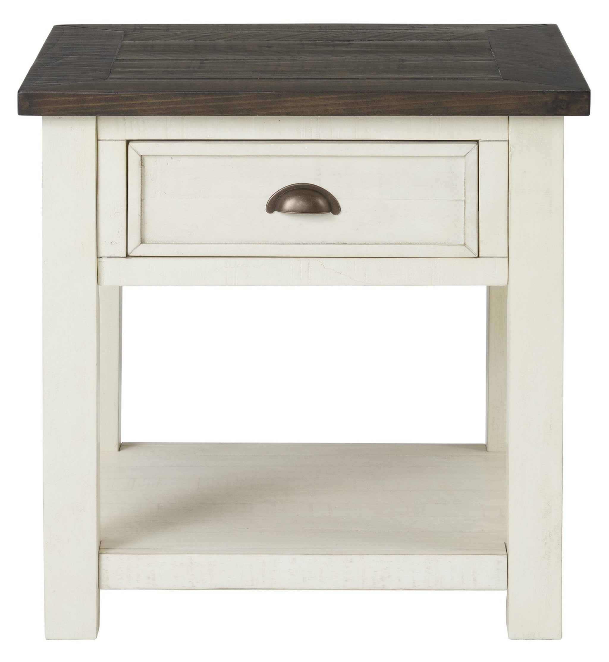 24" Cream And Brown Solid Wood End Table With Drawer And Shelf