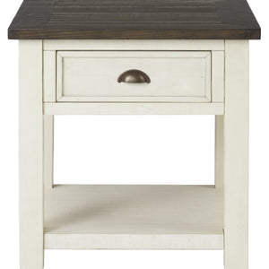 24" Cream And Brown Solid Wood End Table With Drawer And Shelf