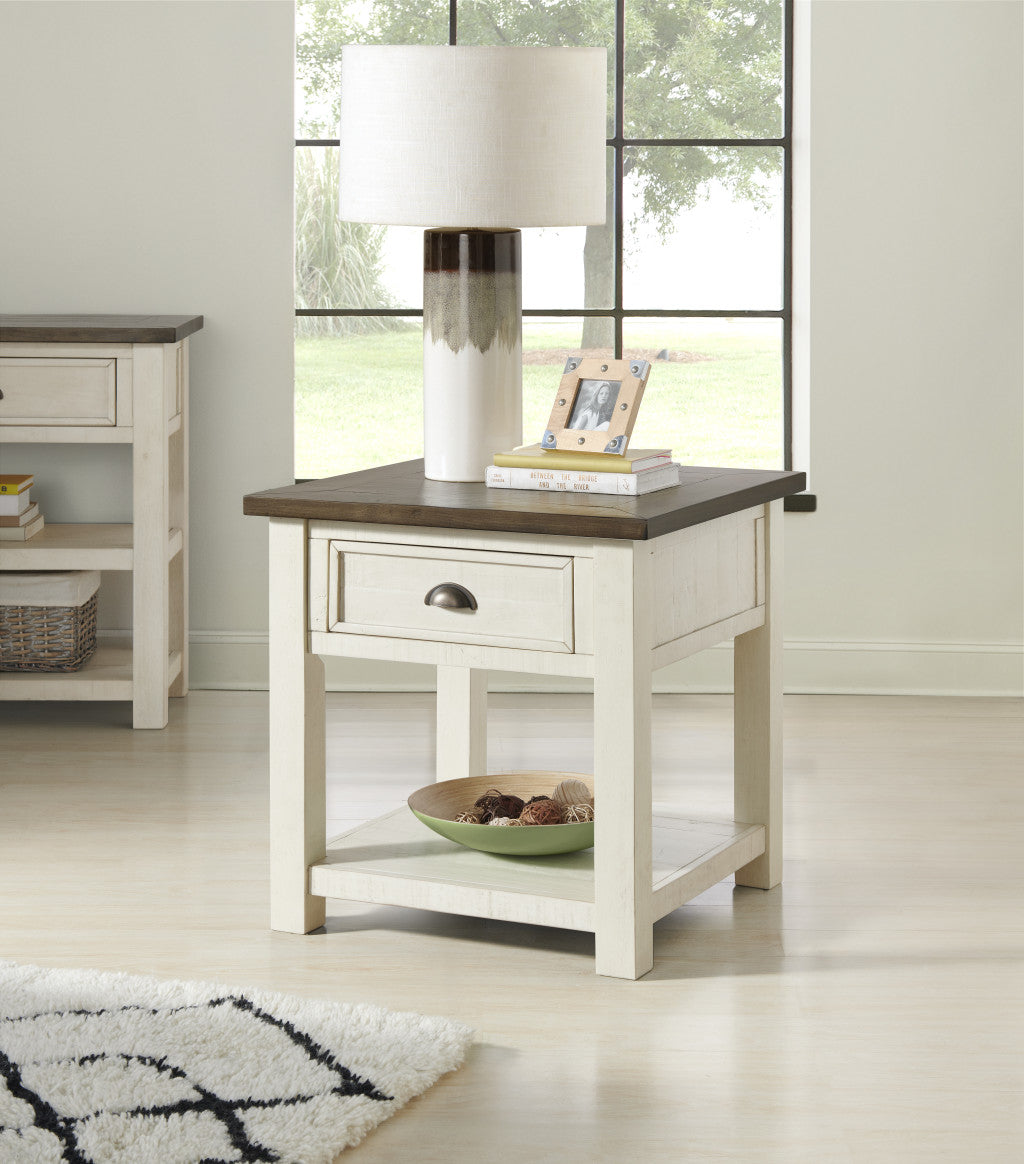 24" Cream And Brown Solid Wood End Table With Drawer And Shelf