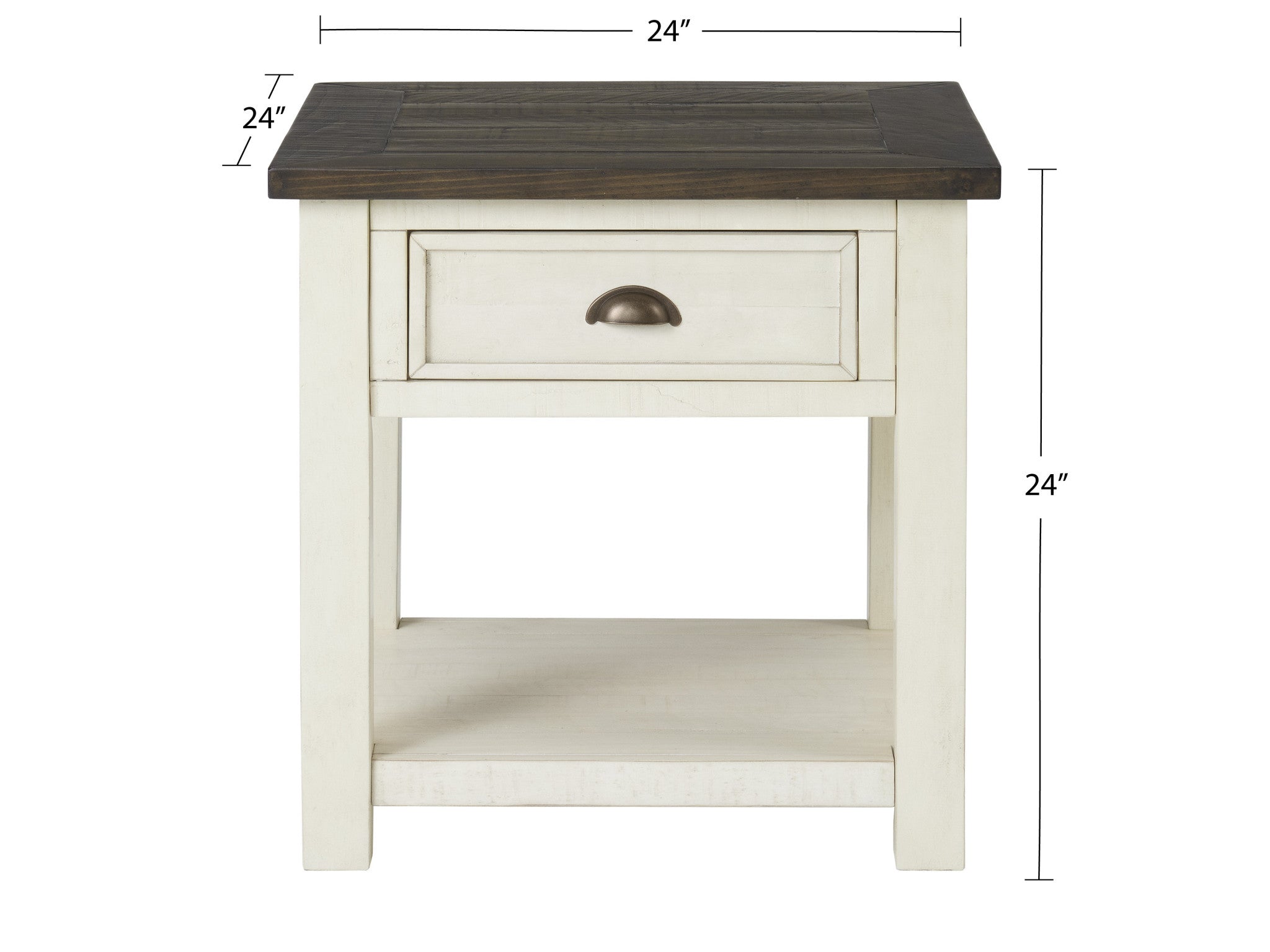 24" Cream And Brown Solid Wood End Table With Drawer And Shelf