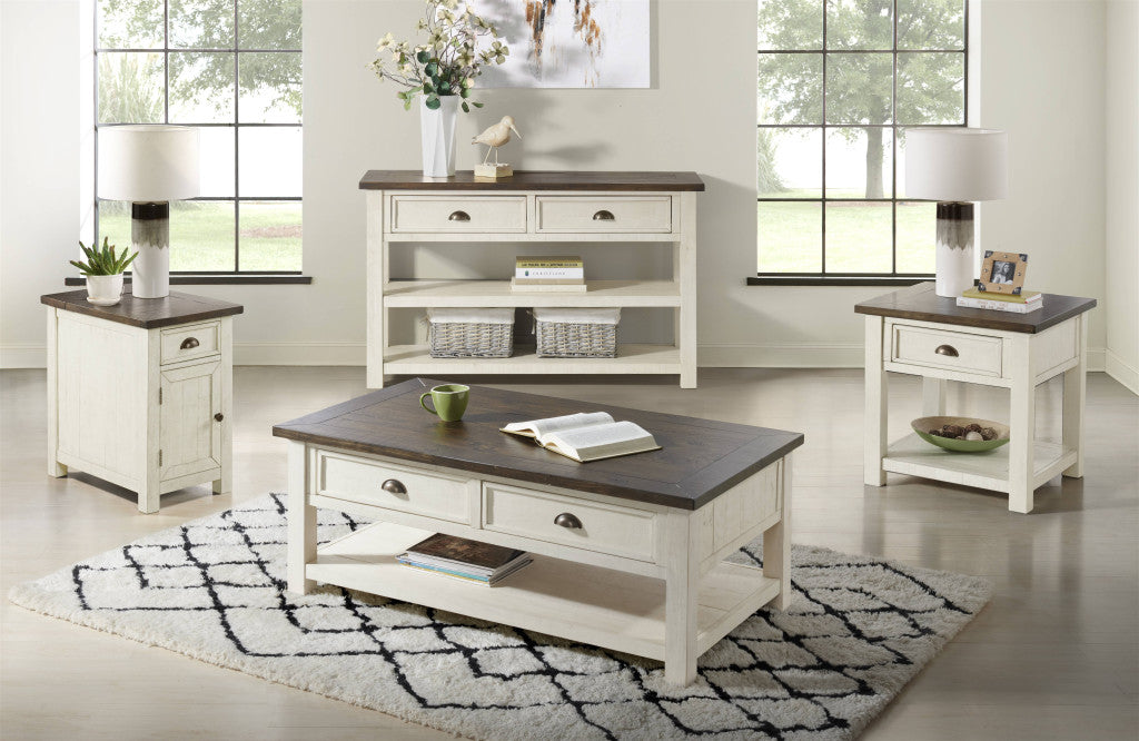 24" Cream And Brown Solid Wood End Table With Drawer And Shelf