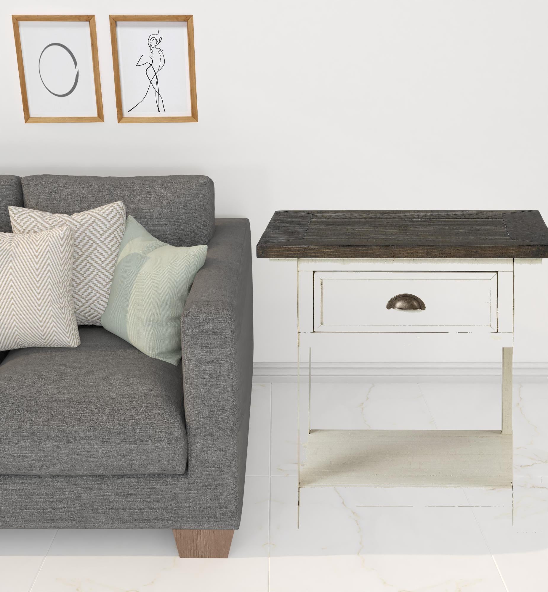 24" Cream And Brown Solid Wood End Table With Drawer And Shelf