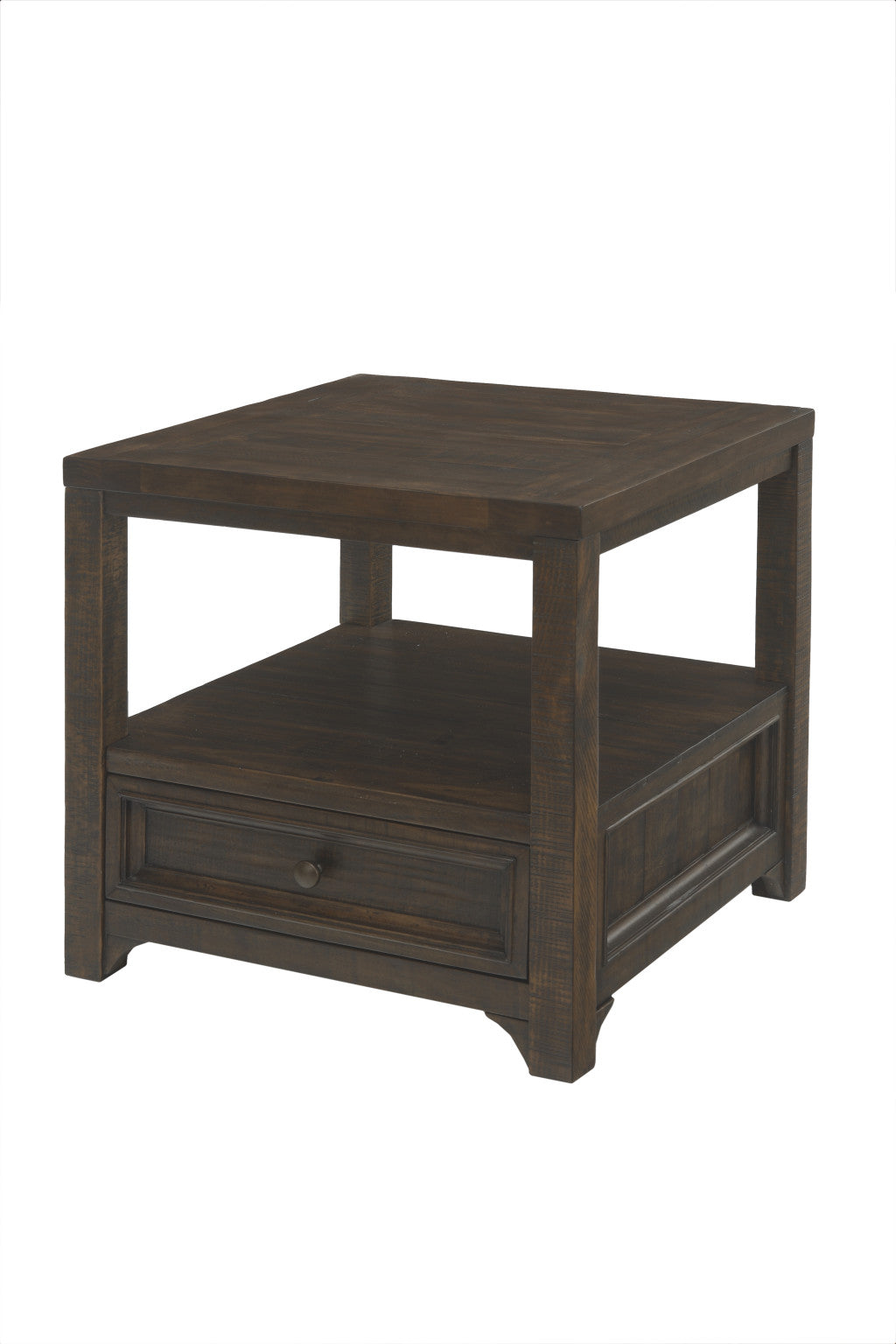 24" Dark Mocha Solid Wood Square End Table With Drawer And Shelf