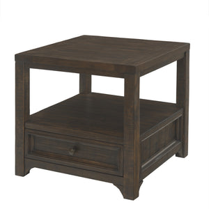 24" Dark Mocha Solid Wood Square End Table With Drawer And Shelf
