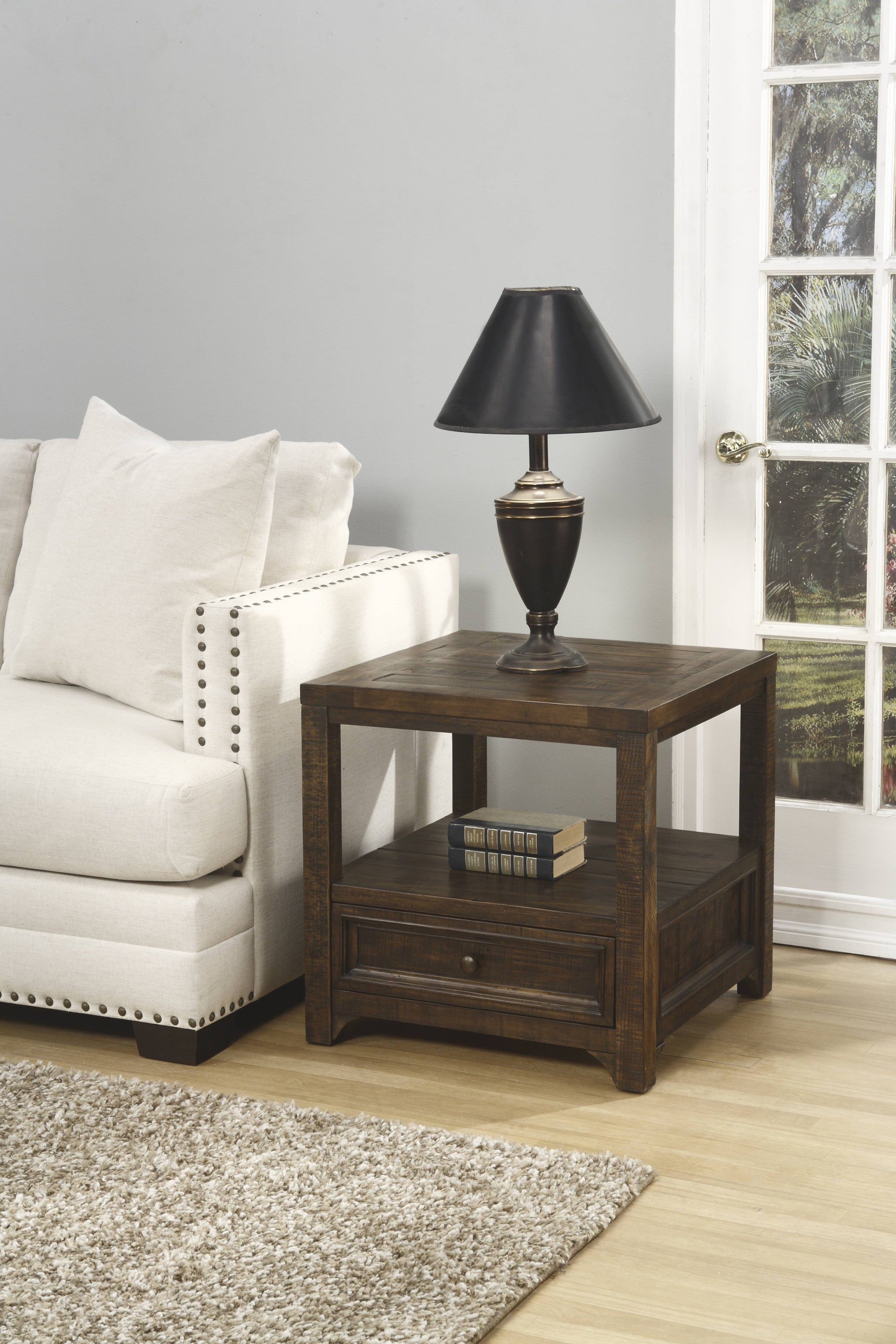 24" Dark Mocha Solid Wood Square End Table With Drawer And Shelf