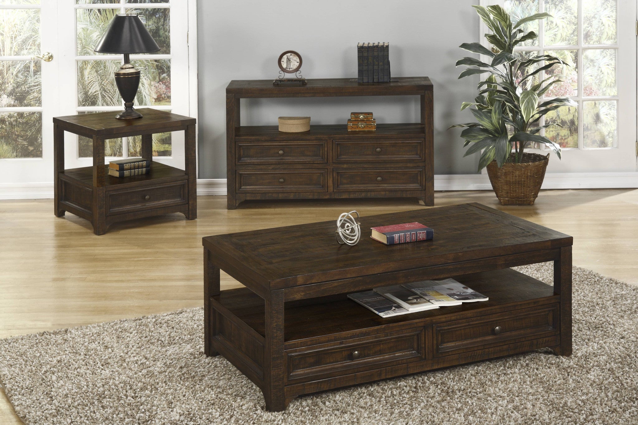 24" Dark Mocha Solid Wood Square End Table With Drawer And Shelf