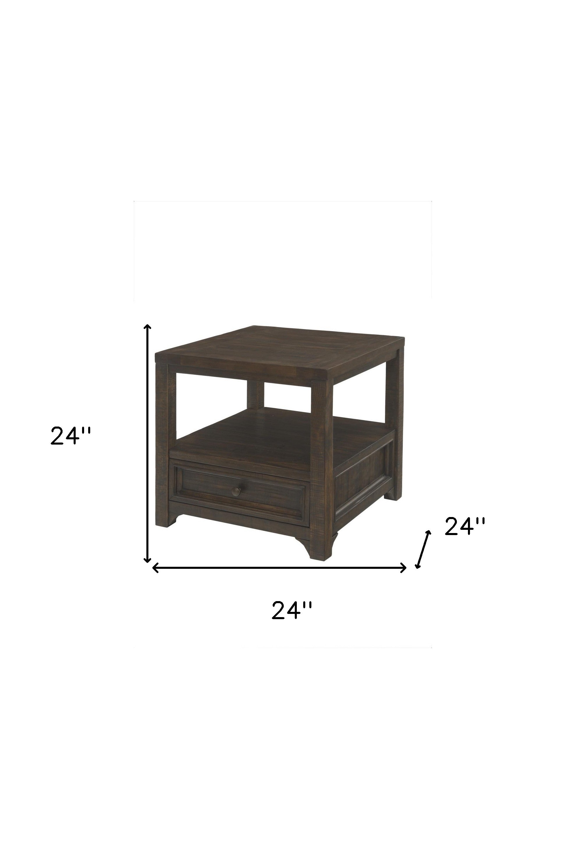 24" Dark Mocha Solid Wood Square End Table With Drawer And Shelf