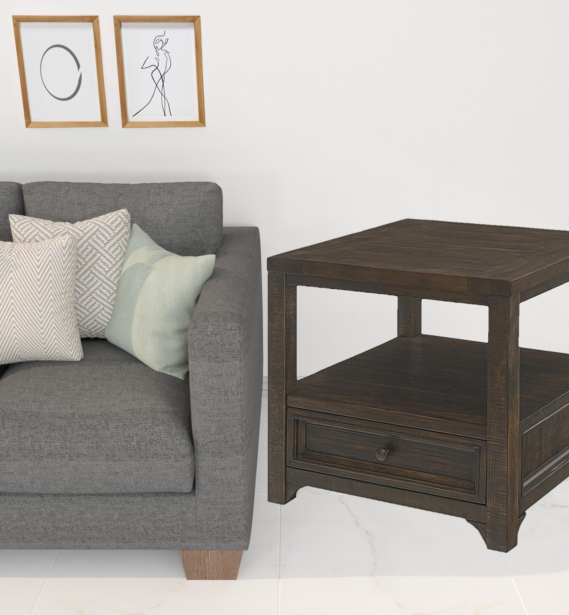 24" Dark Mocha Solid Wood Square End Table With Drawer And Shelf