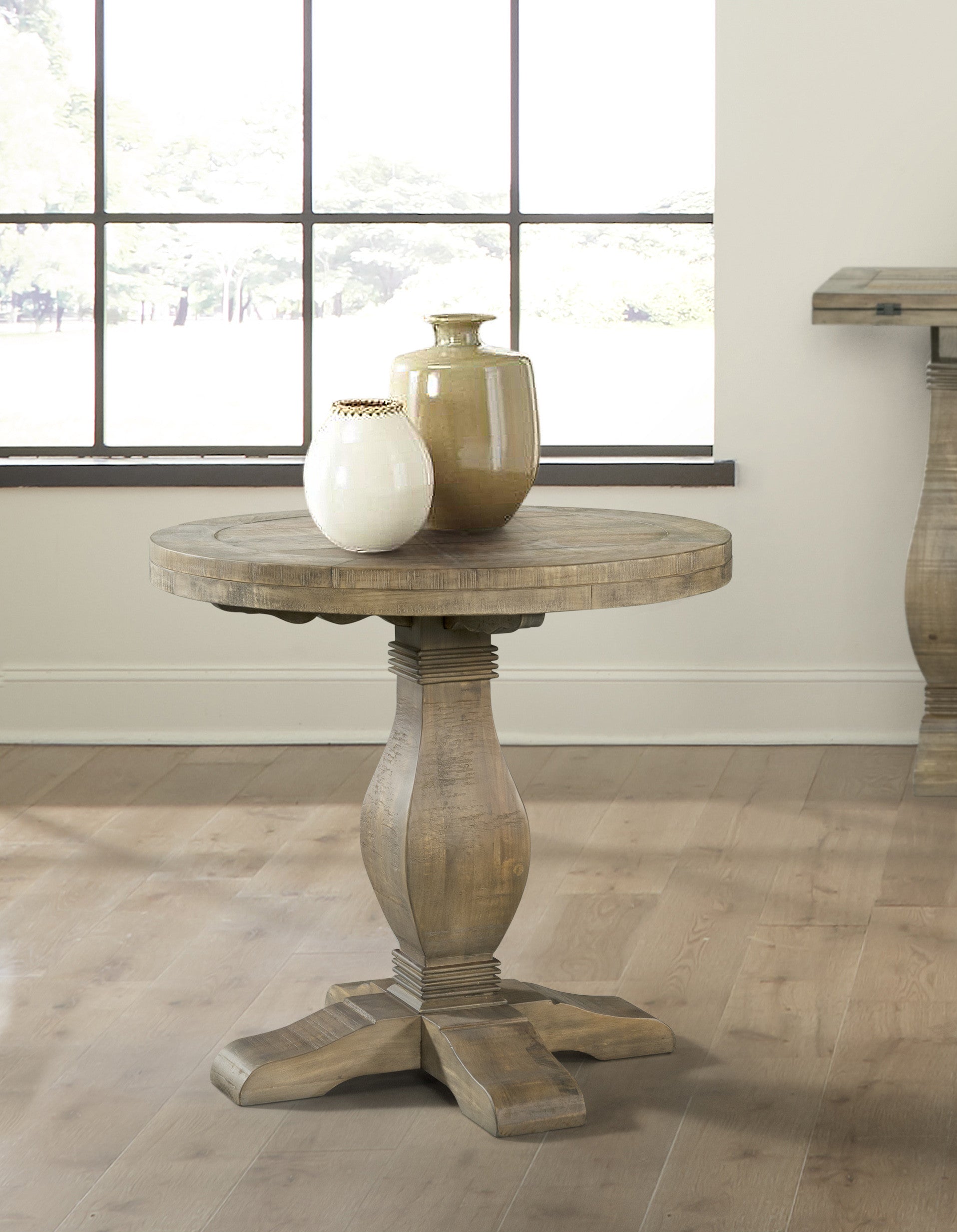 25" Reclaimed Natural Solid Wood Round Pedestal End Table