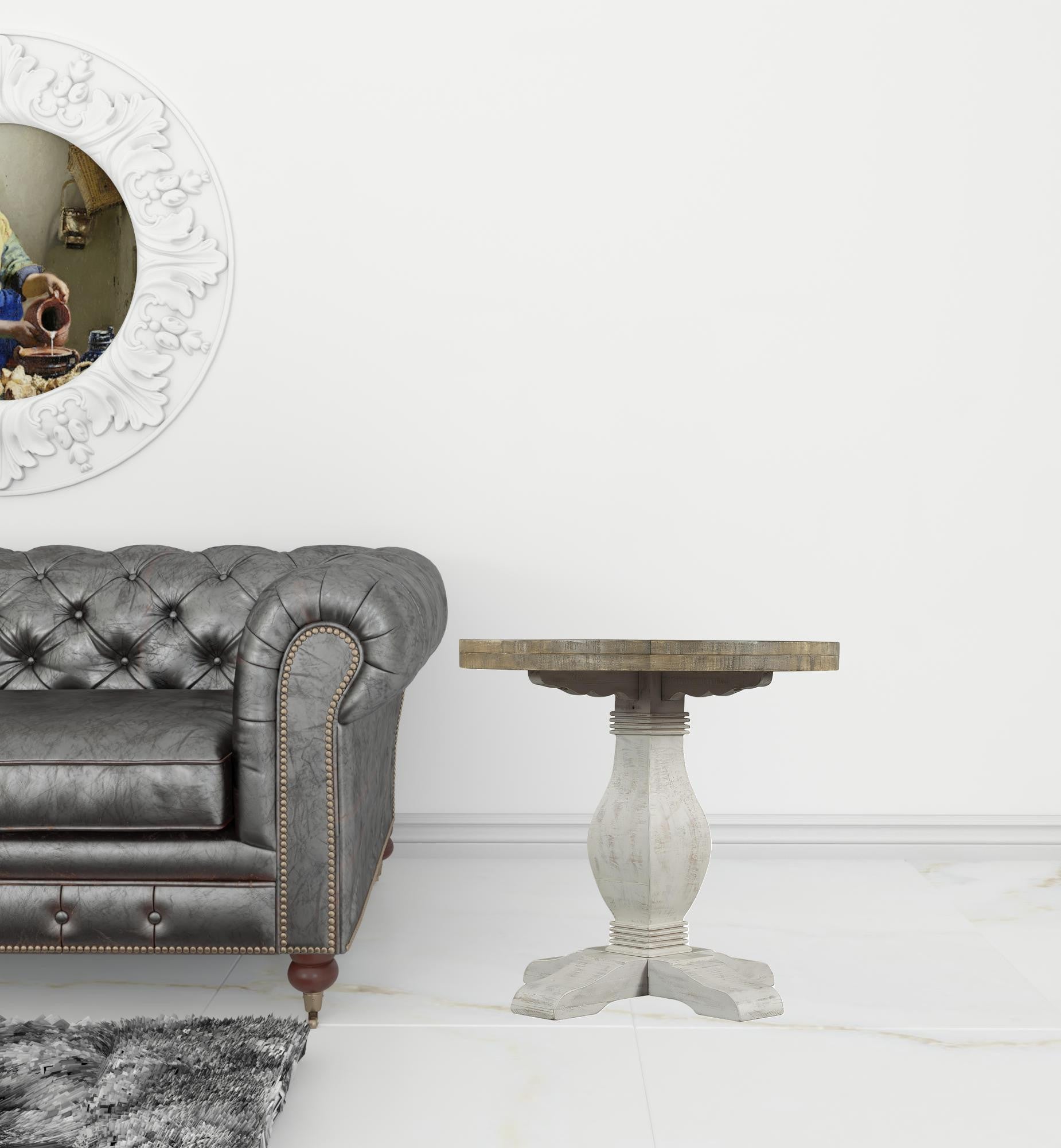 White Stain And Reclaimed Natural Solid Wood Round End Table 25"