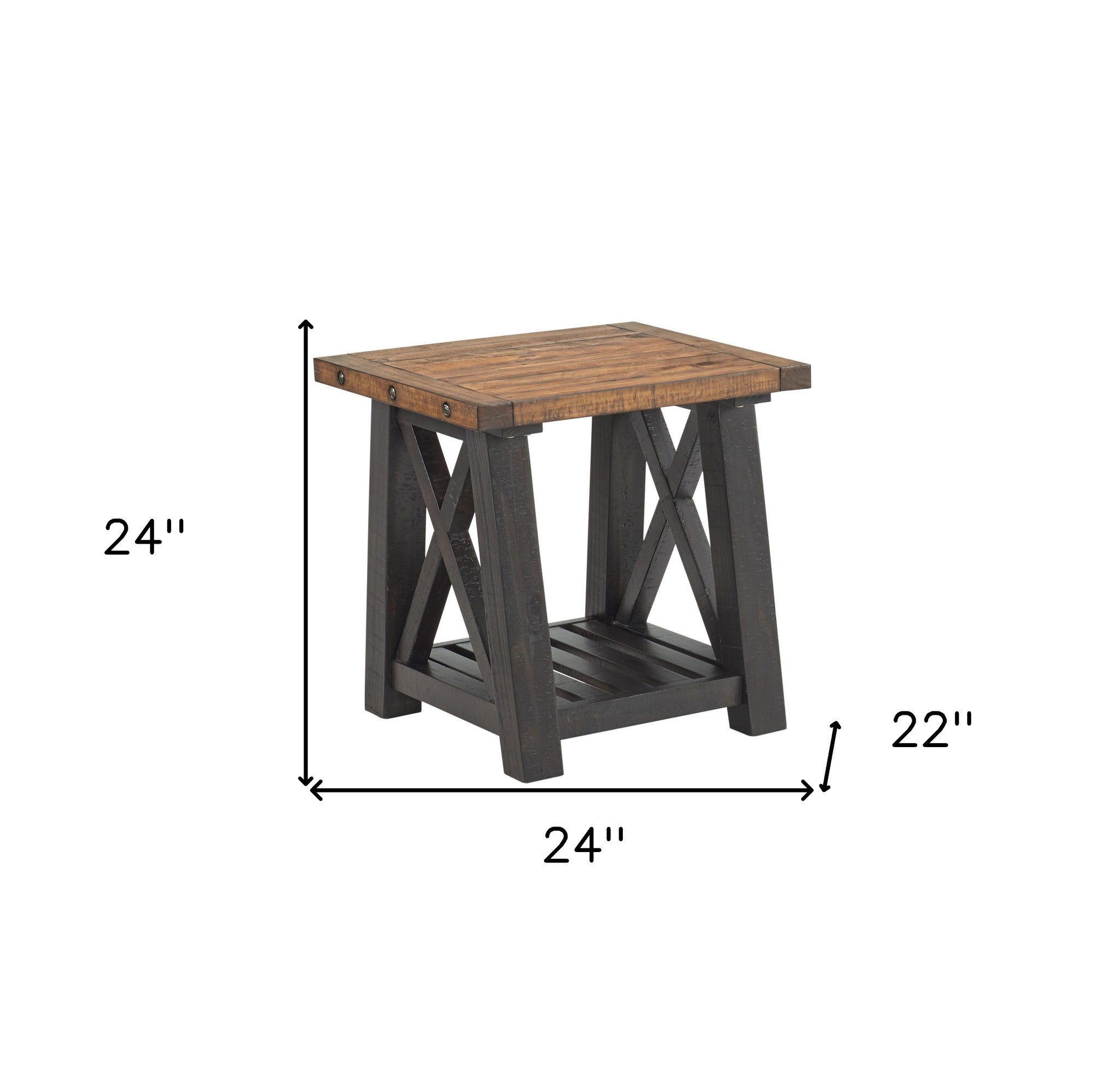 Black Stain And Natural Solid Wood End Table With Shelf 24"