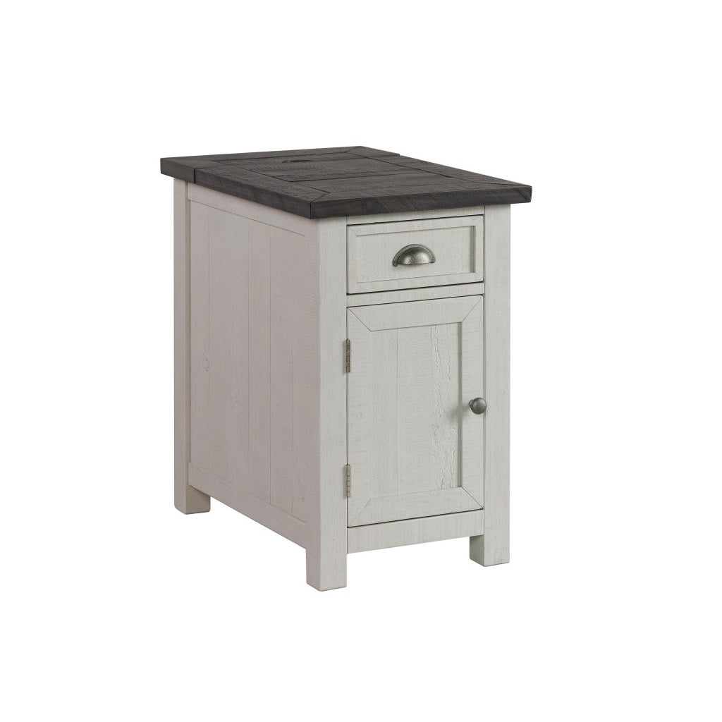 25" White and Grey Solid Wood Rectangular End Table With USB and Outlets