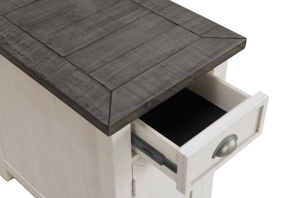 25" White and Grey Solid Wood Rectangular End Table With USB and Outlets