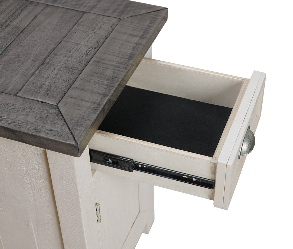 25" White and Grey Solid Wood Rectangular End Table With USB and Outlets