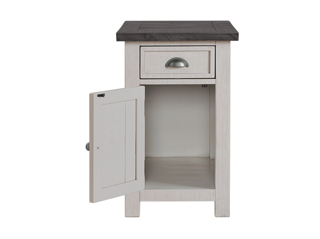25" White and Grey Solid Wood Rectangular End Table With USB and Outlets