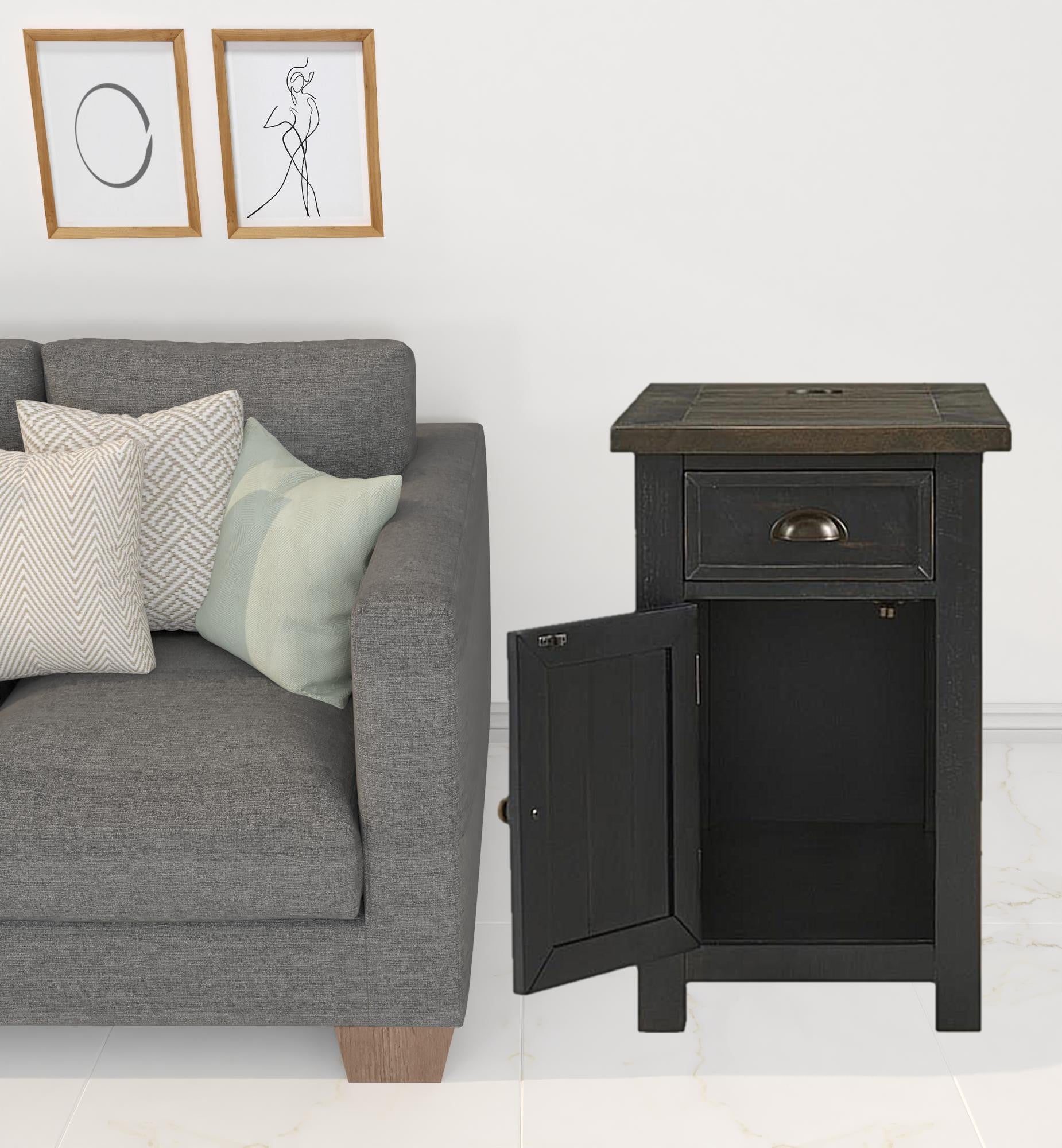 Black And Brown Solid Wood End Table With USB and Outlets 25"