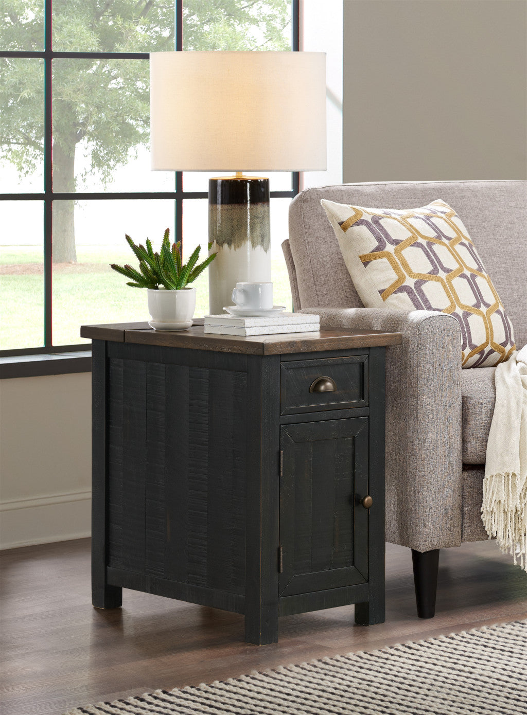 Black And Brown Solid Wood End Table With USB and Outlets 25"