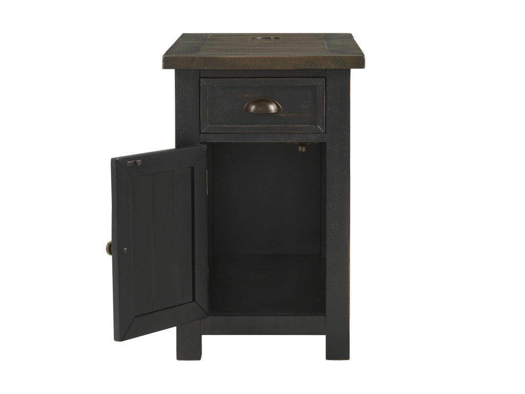 Black And Brown Solid Wood End Table With USB and Outlets 25"
