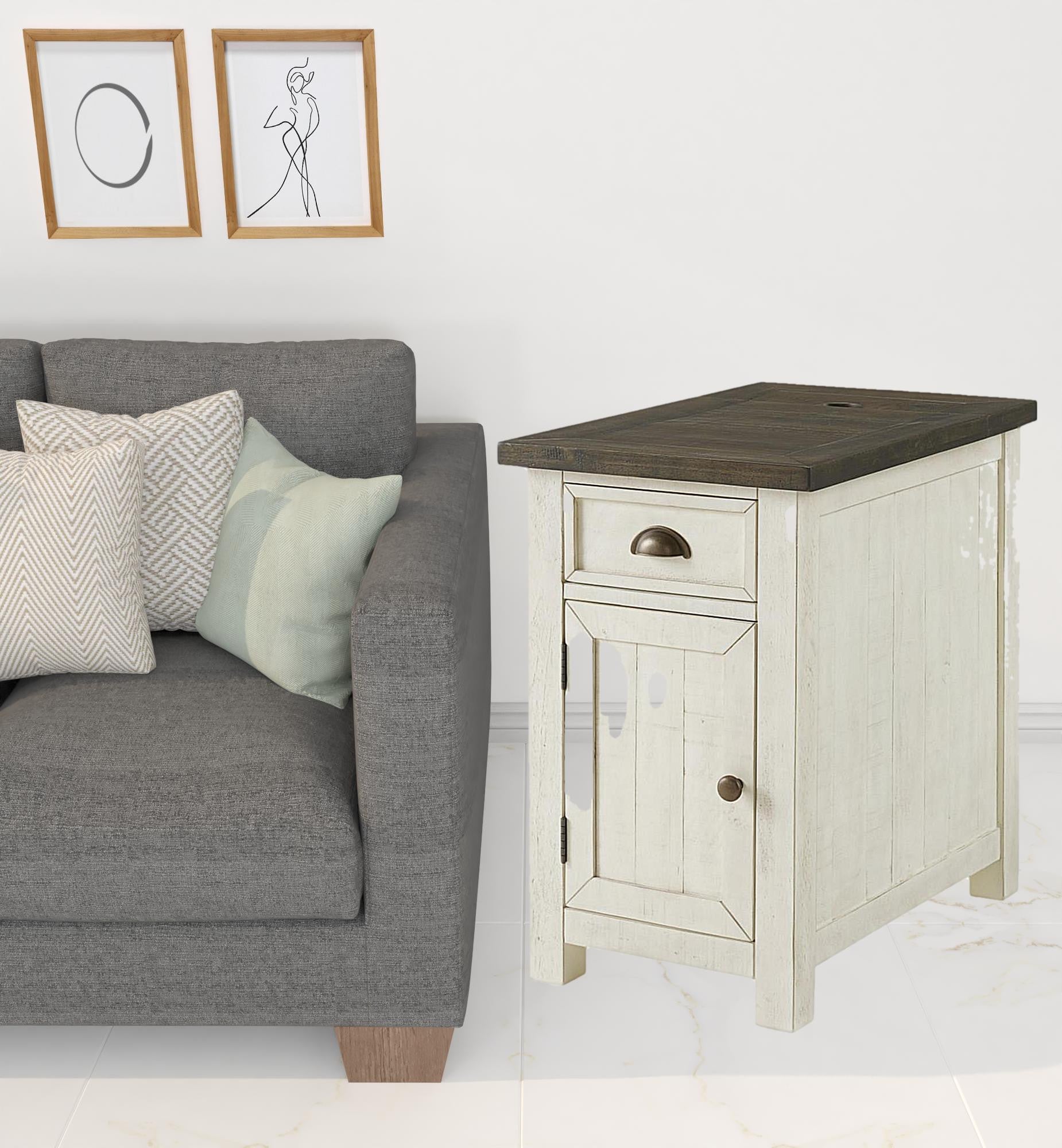 Cream And Brown Solid Wood End Table With USB and Outlets 25"