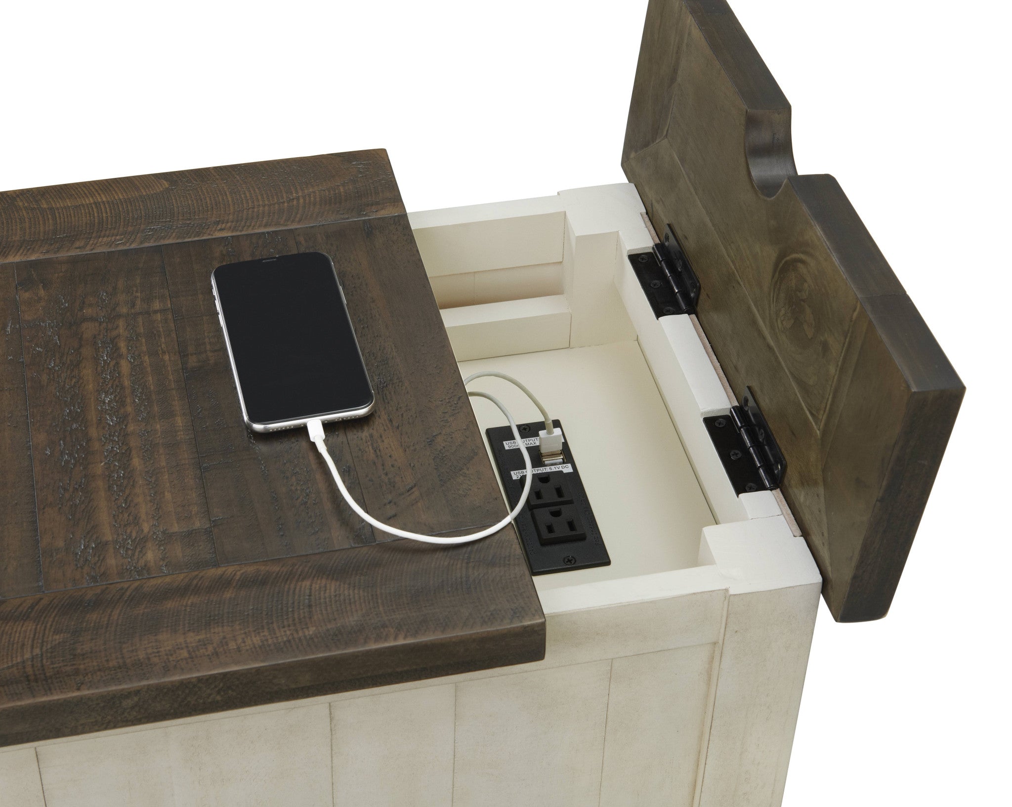 Cream And Brown Solid Wood End Table With USB and Outlets 25"