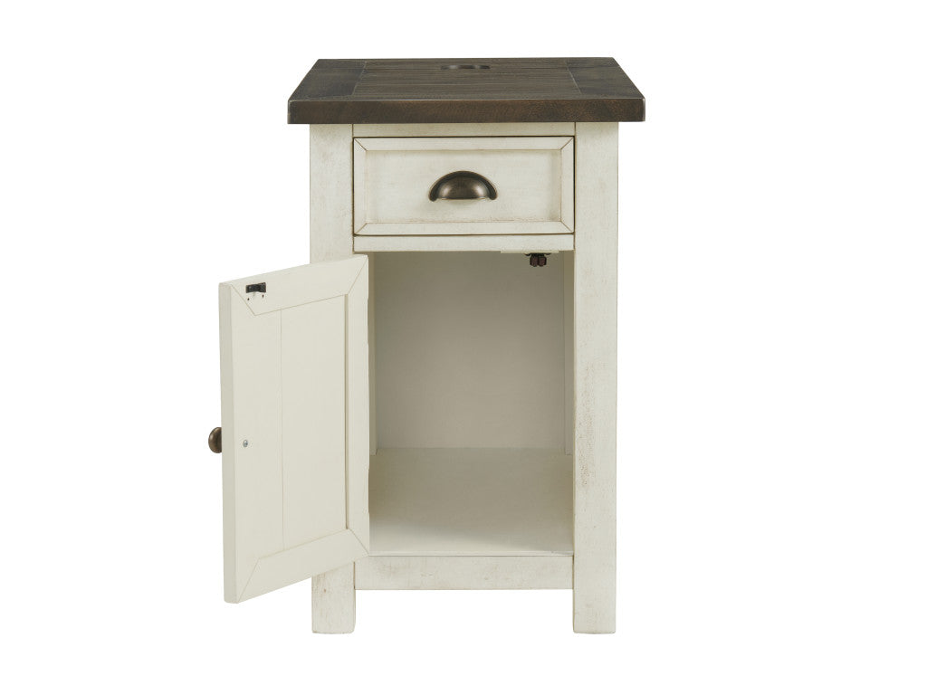 Cream And Brown Solid Wood End Table With USB and Outlets 25"