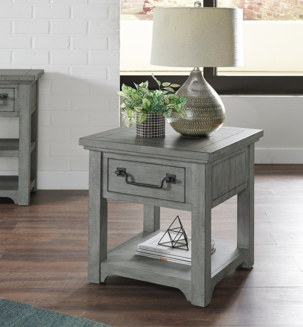 24" Grey Solid Wood Square End Table With Drawer And Shelf
