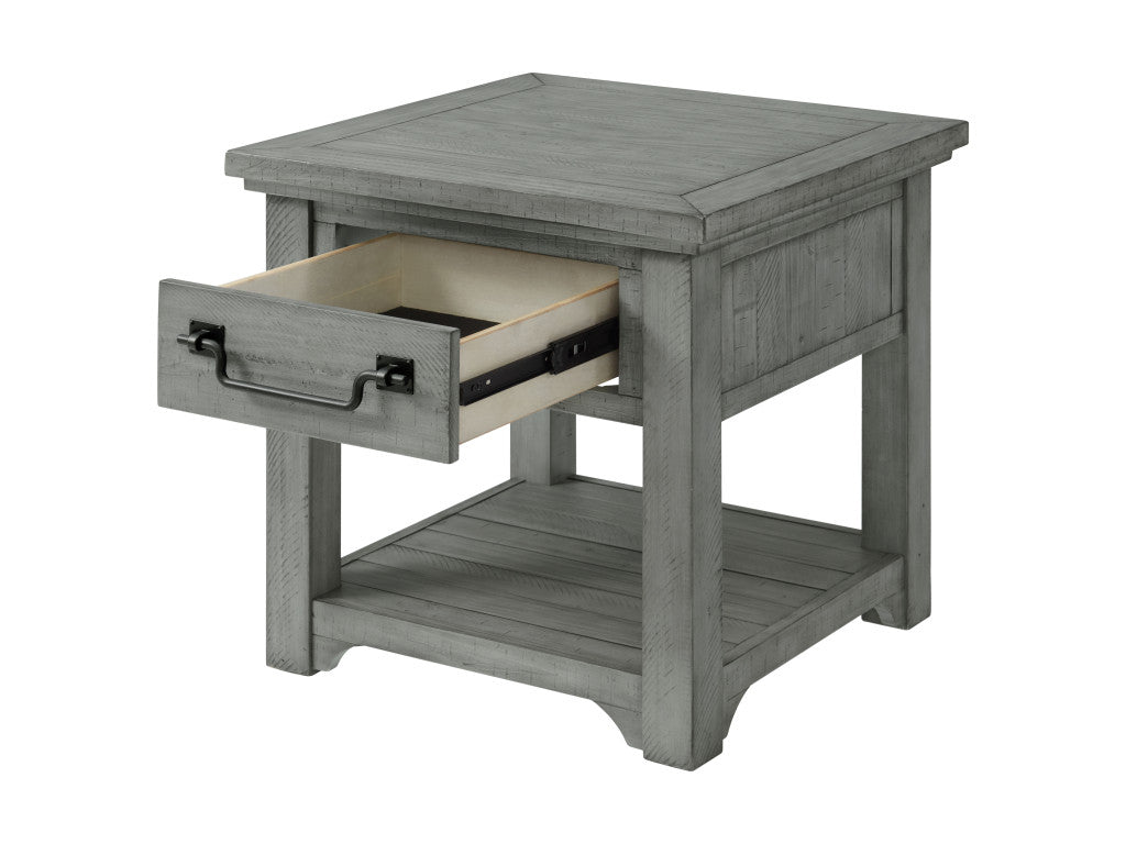 24" Grey Solid Wood Square End Table With Drawer And Shelf