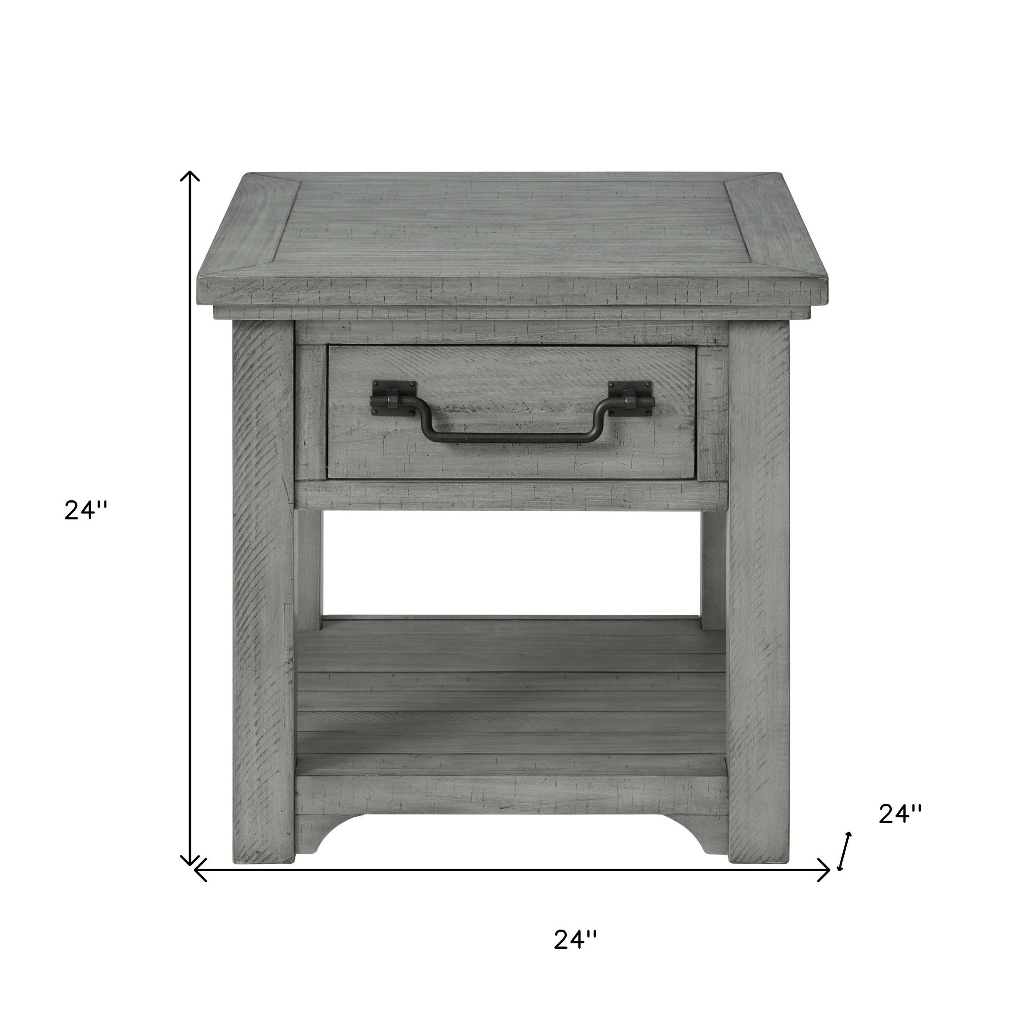 24" Grey Solid Wood Square End Table With Drawer And Shelf