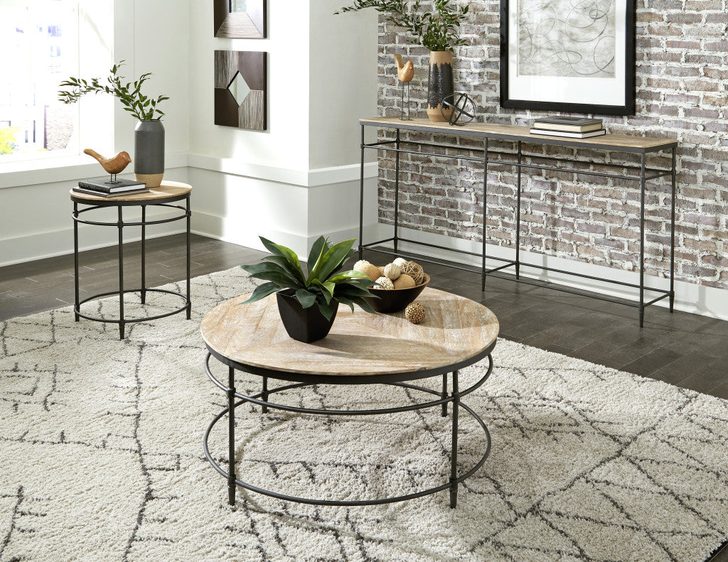 26" Black And Pickled Mango Solid Wood Round End Table