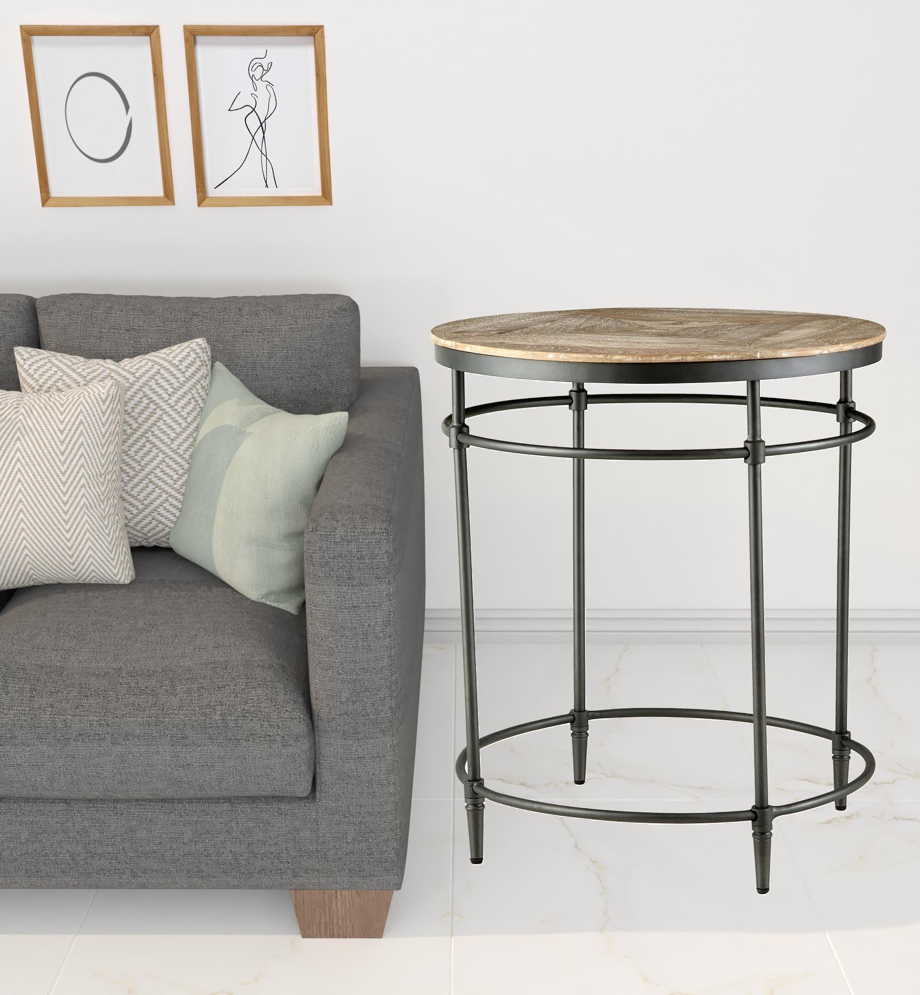 26" Black And Pickled Mango Solid Wood Round End Table