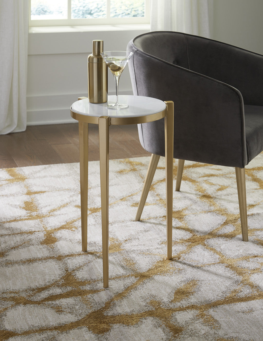Gold And White Marble Round End Table 24"