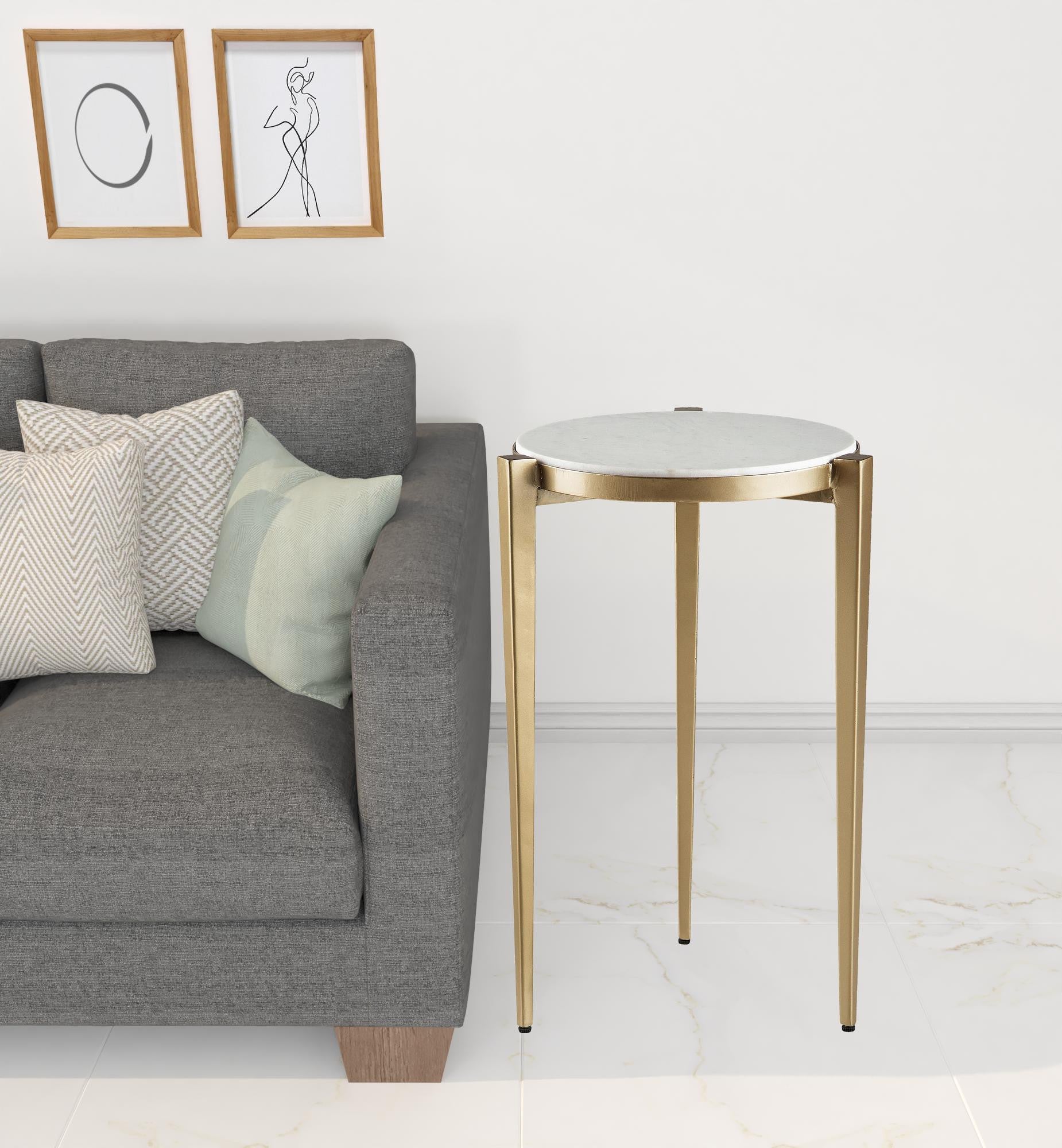 Gold And White Marble Round End Table 24"