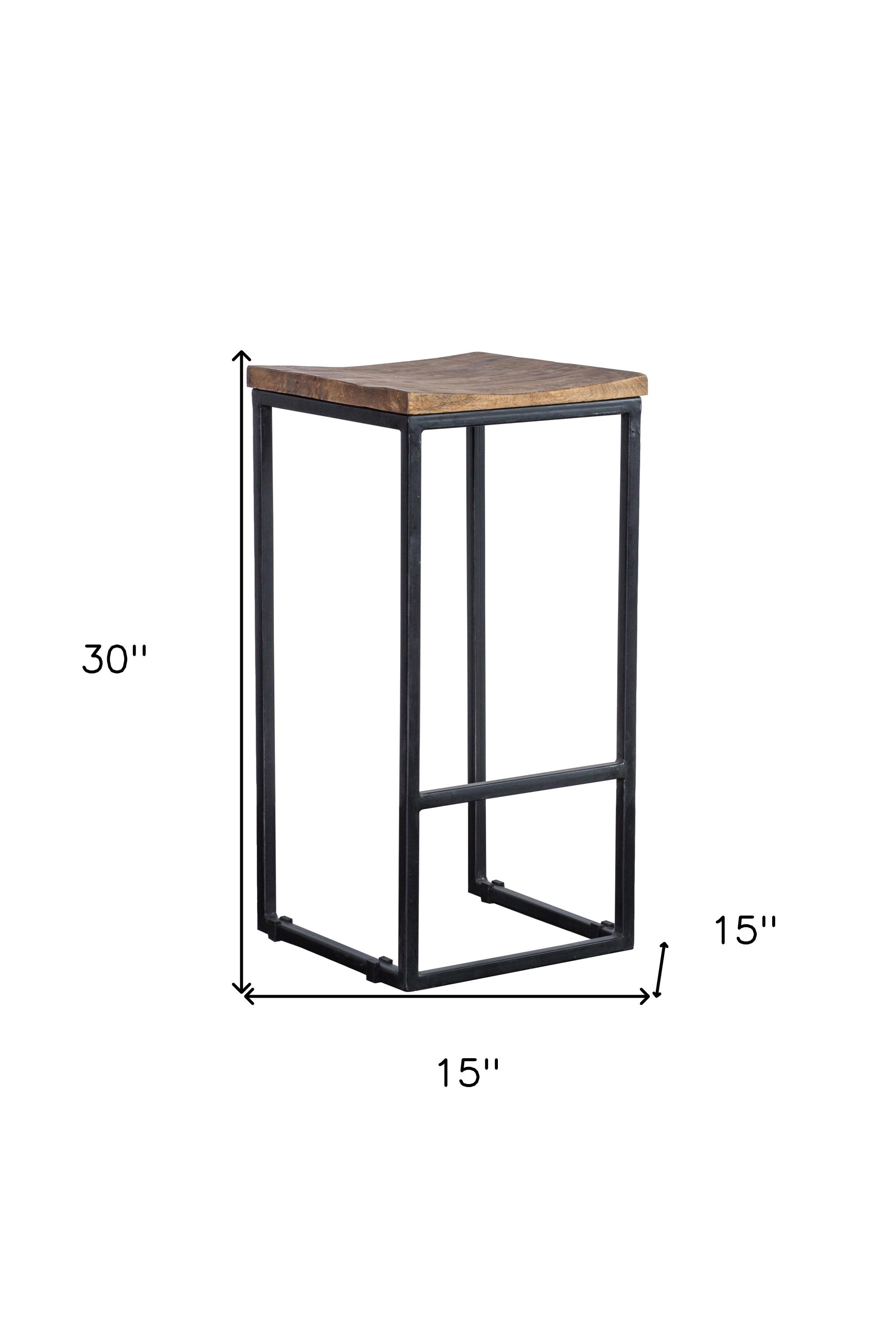 30" Wood Brown And Black Iron Backless Counter Height Bar Chair With Footrest