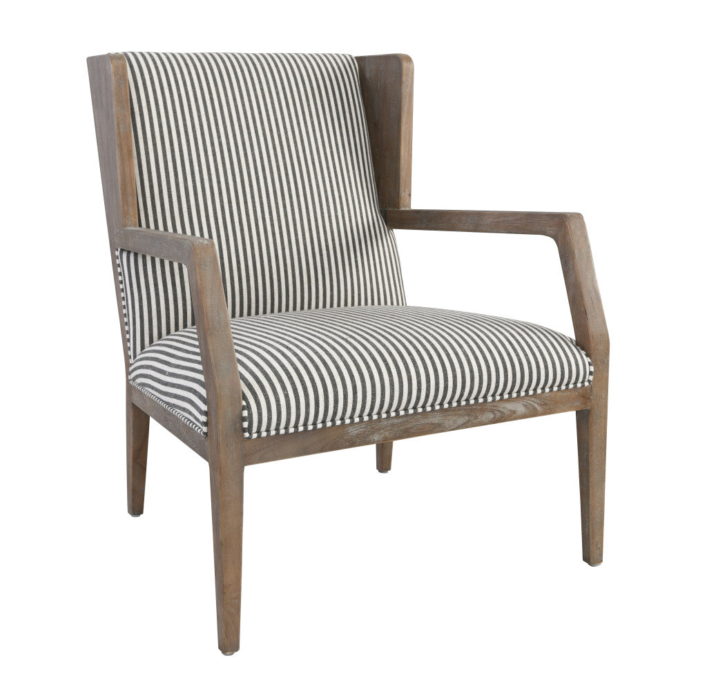 29" Gray and Cream Linen Blend Ticking Stripe Wingback Chair