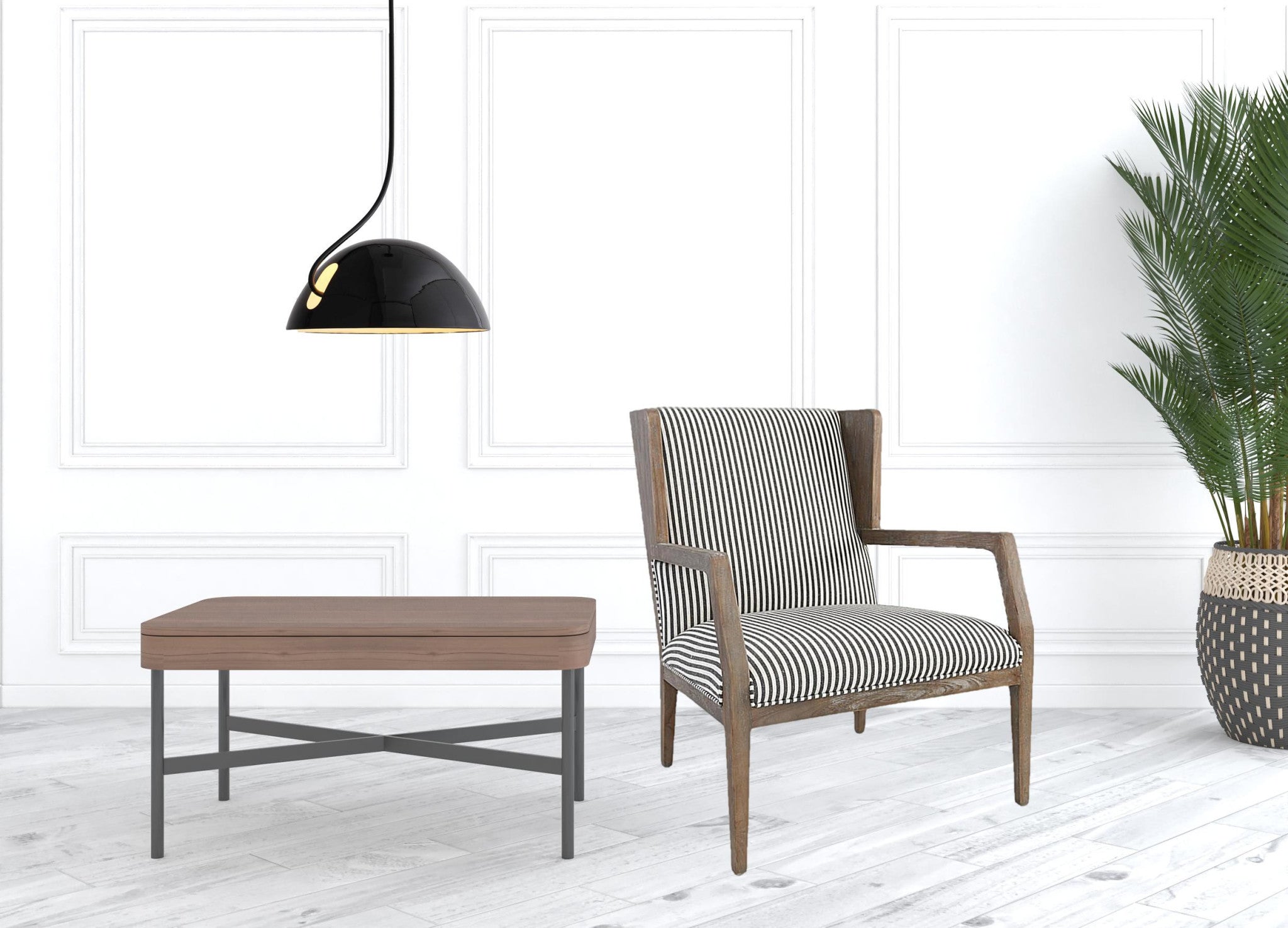 29" Gray and Cream Linen Blend Ticking Stripe Wingback Chair