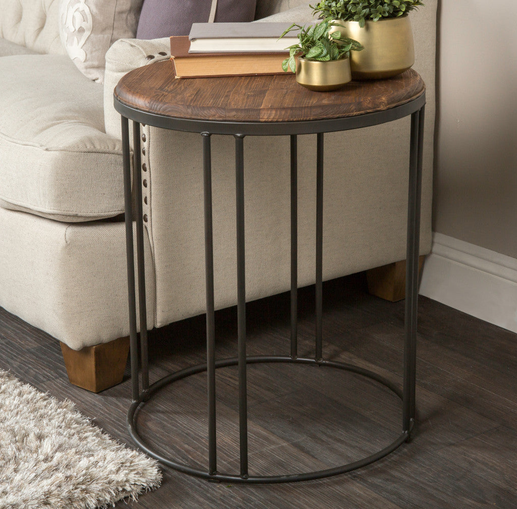 Does Not Apply 24" Black And Distressed Mahogany Solid Wood Round End Table With Does Not Apply And Does Not Apply