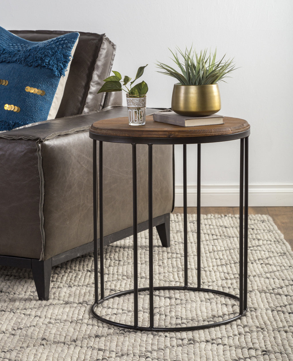 Does Not Apply 24" Black And Distressed Mahogany Solid Wood Round End Table With Does Not Apply And Does Not Apply