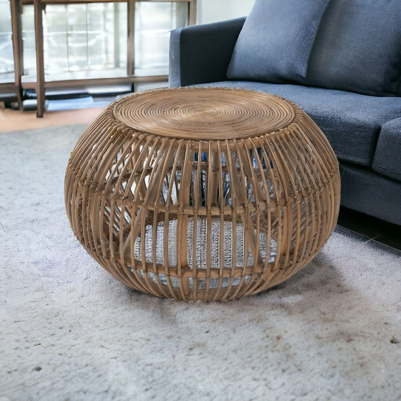 Natural Rattan Round Distressed Coffee Table 32"