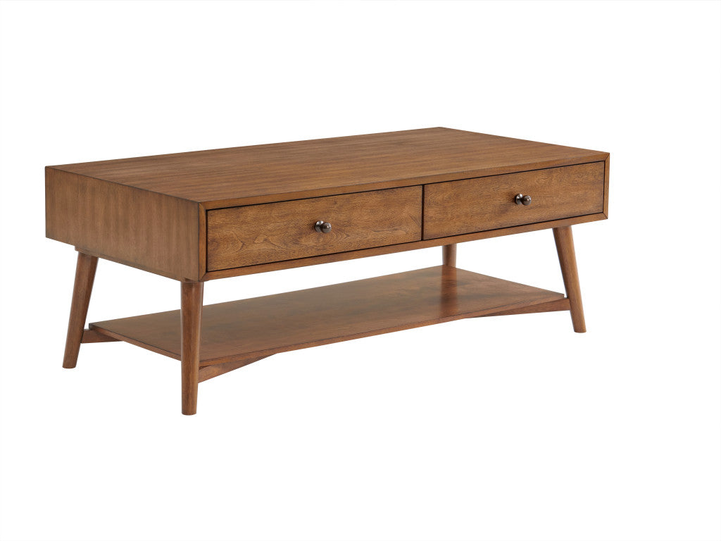 48" Cinnamon Manufactured Wood Rectangular Coffee Table With Two Drawers And Shelf