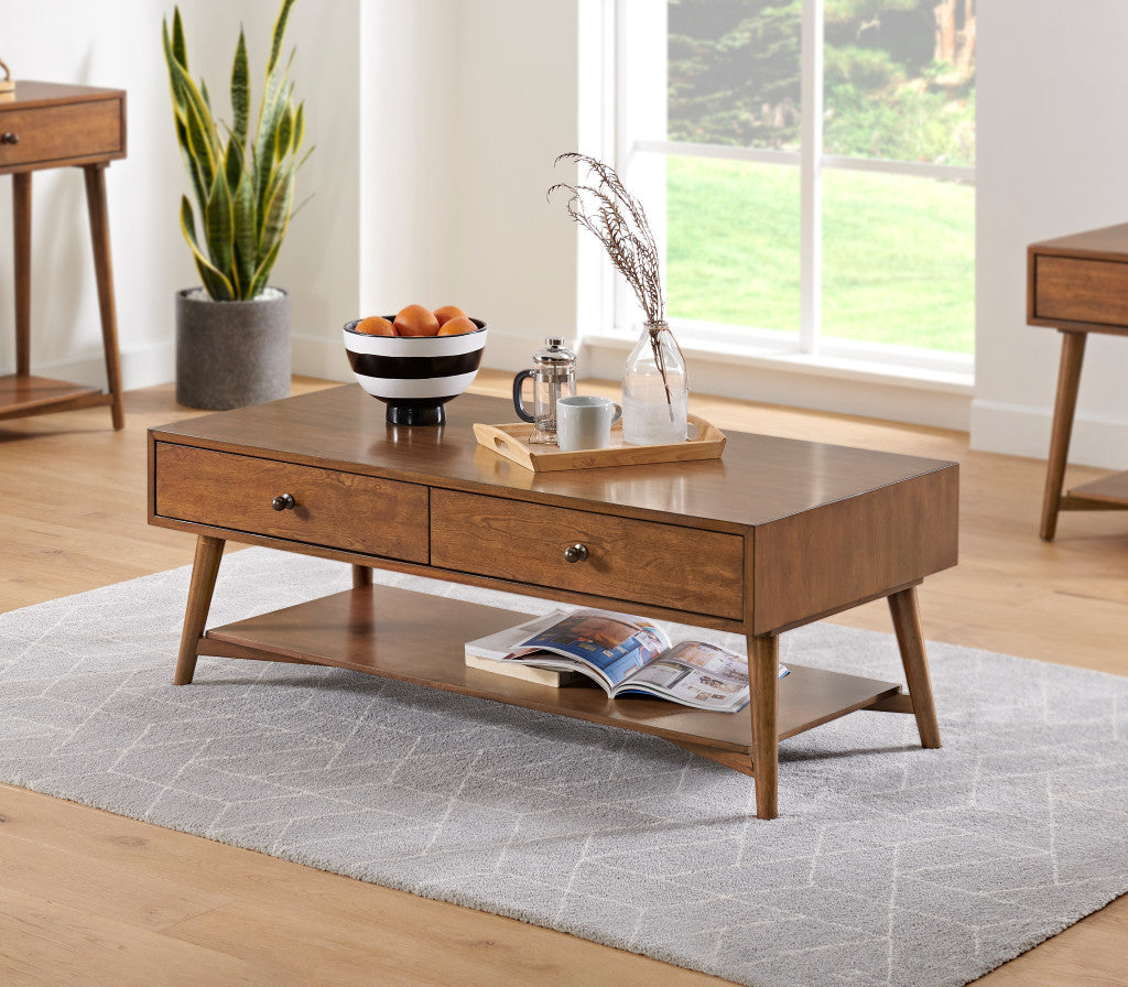 48" Cinnamon Manufactured Wood Rectangular Coffee Table With Two Drawers And Shelf