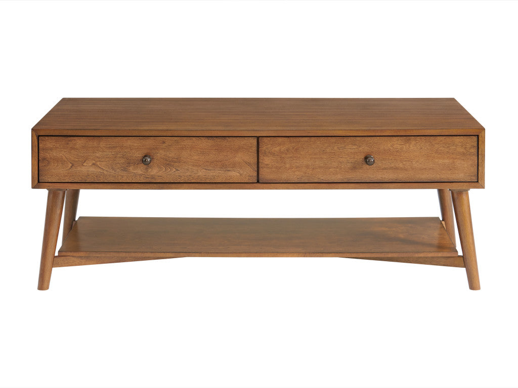 48" Cinnamon Manufactured Wood Rectangular Coffee Table With Two Drawers And Shelf