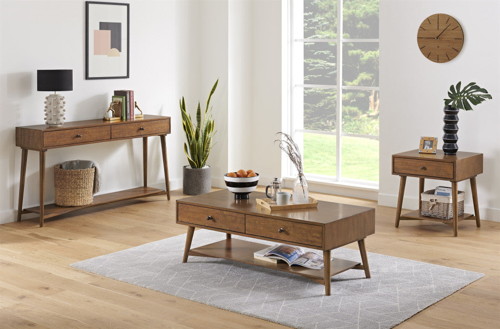 48" Cinnamon Manufactured Wood Rectangular Coffee Table With Two Drawers And Shelf