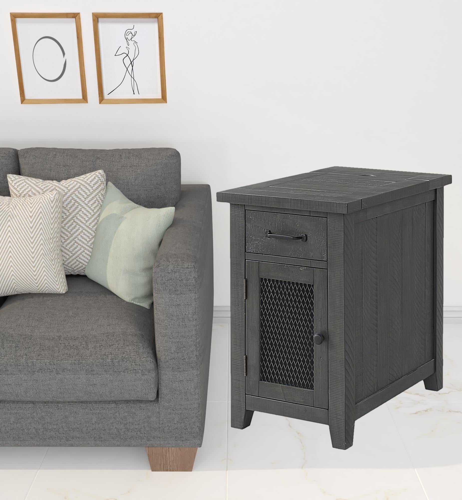 25" Gray Solid Wood End Table With Drawer