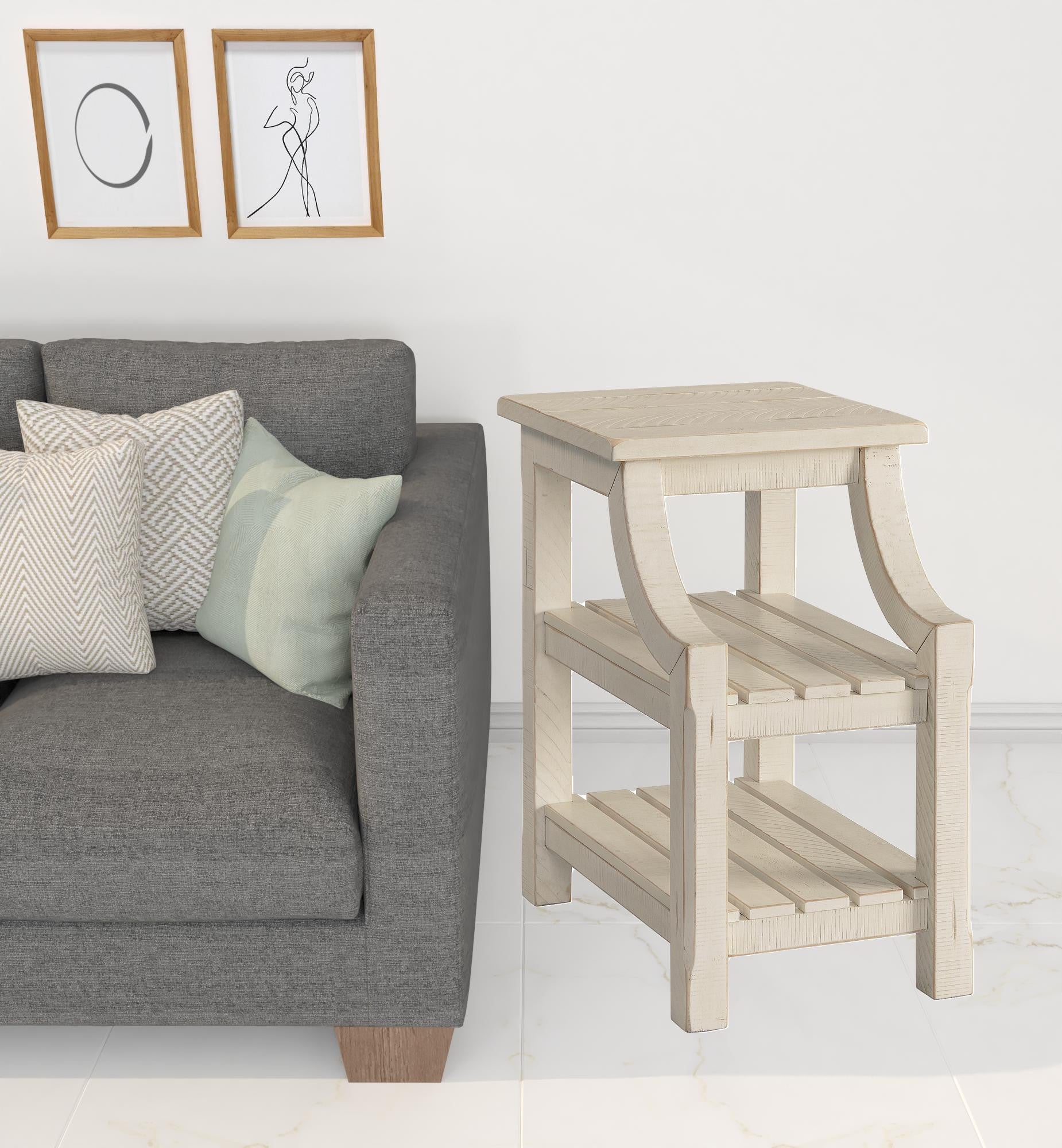 25" Antiqued White Solid Wood End Table With Two Shelves