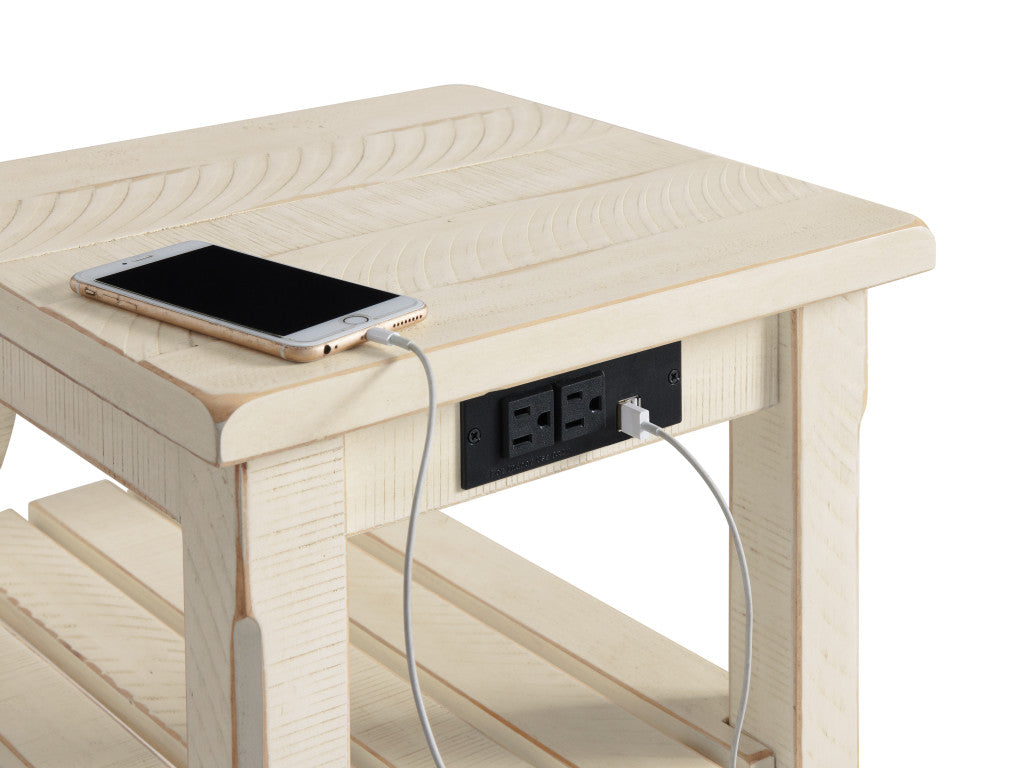 25" Antiqued White Solid Wood End Table With Two Shelves